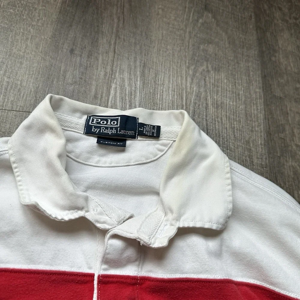 Vintage Polo Ralph Lauren Rugby Shirt L White Red Long Sleeve Chief Keef RARE